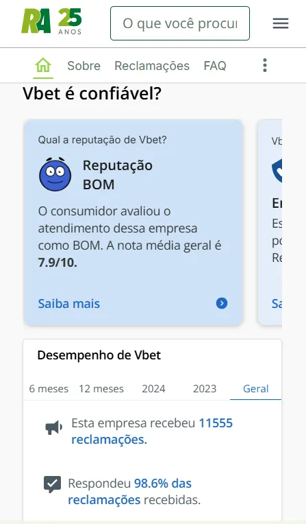 Reclame Aqui da Vbet
