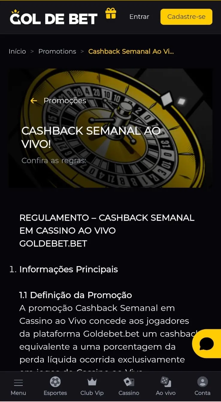 Oferta de cashback válido em cassino ao vivo da Gol de Bet