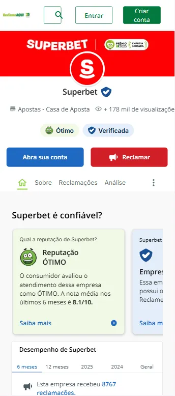 Captura de tela mostra a nota do Reclame Aqui da Superbet e a reputação "ÓTIMO" da marca