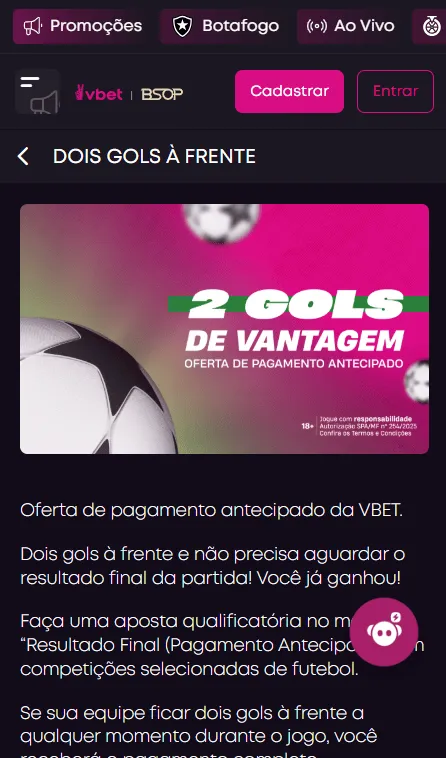 Captura de tela da seção de pagamento antecipado na Vbet, chamada de "Dois Gols à frente", contendo Termos e Condições da oferta.