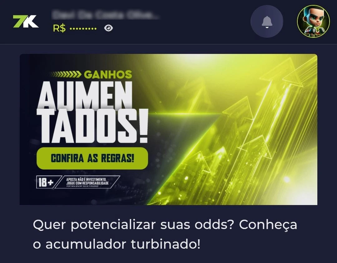 Captura de tela da nova casa de apostas Bet7k com promoção de Ganhos Aumentados