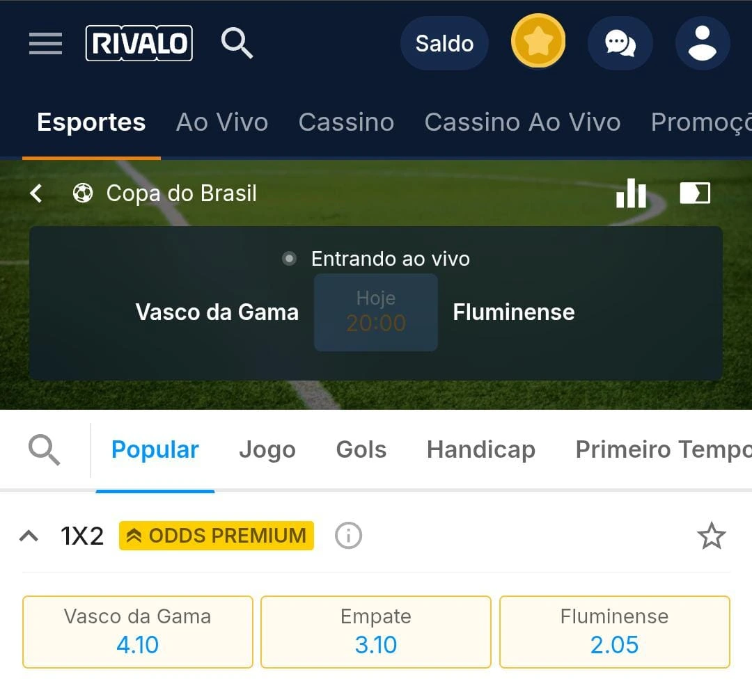 Captura de tela da nova casa de apostas Rivalo com Odds Premium