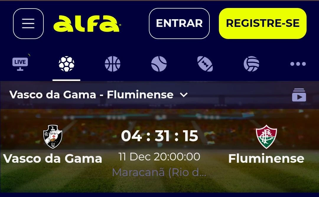 Captura de tela mostra interface moderna da Alfabet do jogo entre Vasco da Game e Fluminense