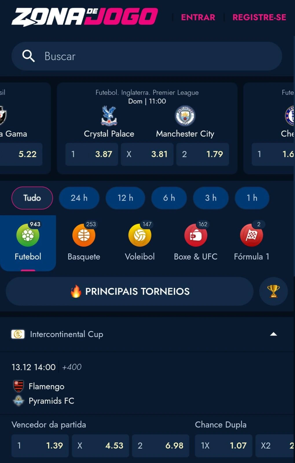 Captura de tela mostra odds nos principais jogos de futebol na Zona de Jogo