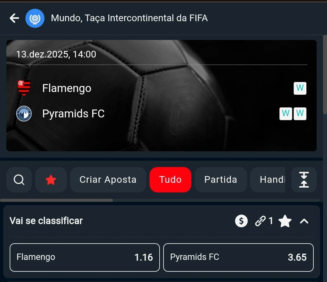 Captura de tela mostra odds do jogo entre Flamengo e Pyramids FC no intercontinental da FIFA na plataforma nova Bravobet