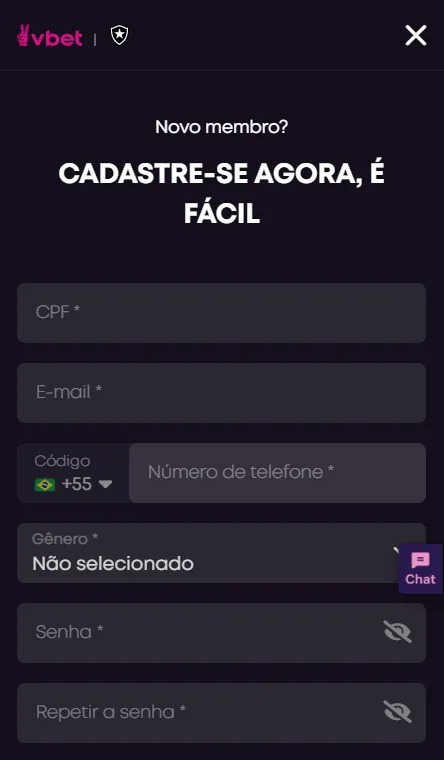 Captura de tela do cadastro na Vbet, contendo campos como CPF, e-mail e número de telefone
