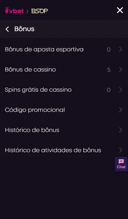 Captura de tela mostra seção do menu onde o usuário deve inserir o bônus da Vbet.
