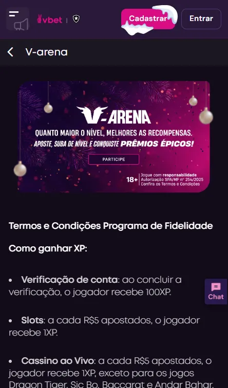 Captura de tela do programa de fidelidade Vbet.
