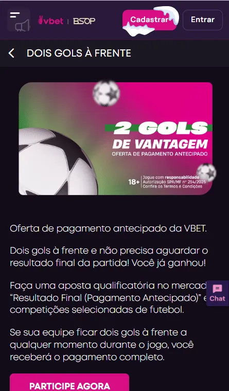 Captura de tela do bônus Dois Gols À Frente
