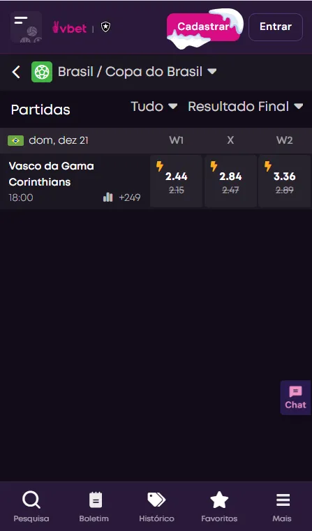 Captura de tela das odds melhoradas da Vbet
