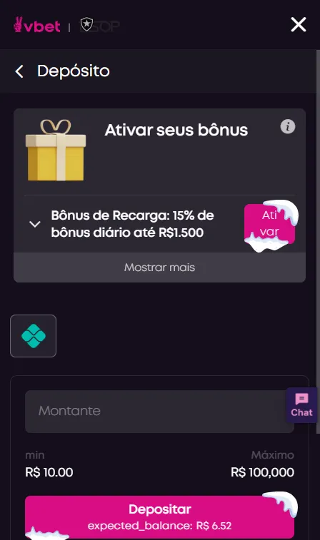 Captura de tela do bônus de recarga da Vbet.
