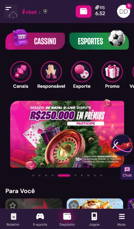 Captura de tela mostra como acessar a seção de bônus da Vbet para inserir o código promocional