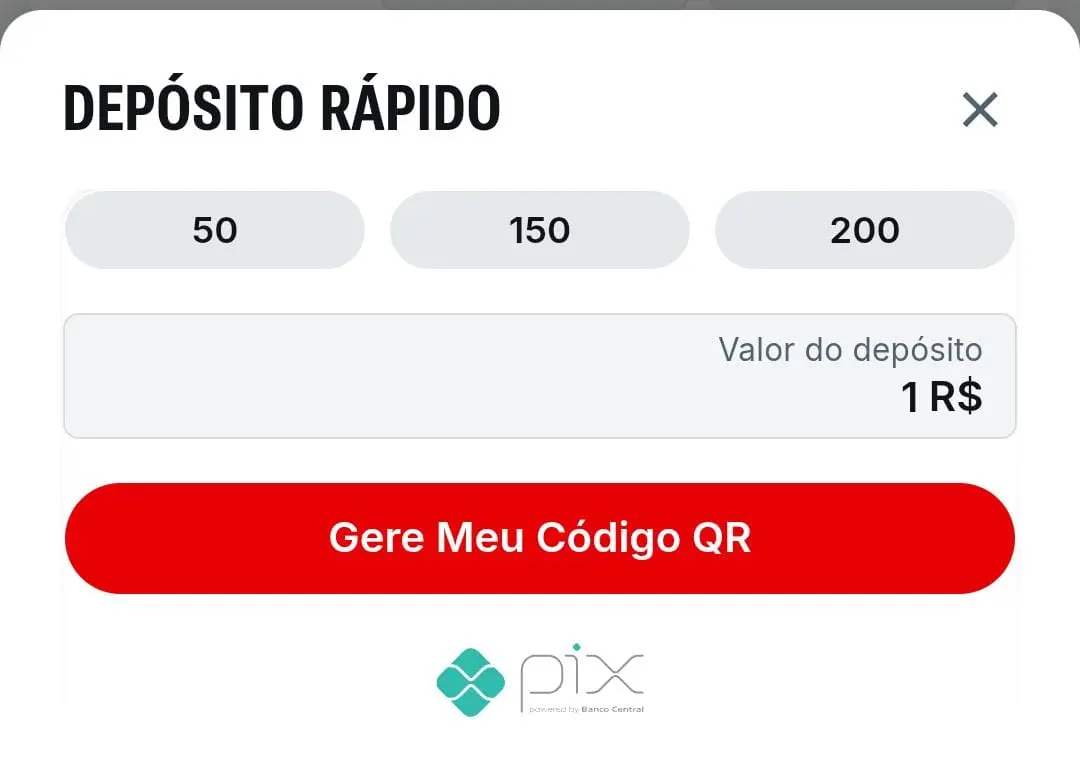 Captura de tela que mostra o depósito baixo de 1 real no site de apostas Superbet.