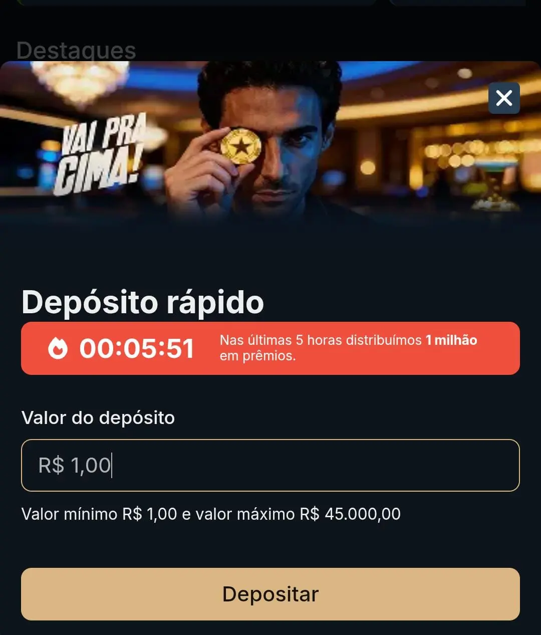 Captura de tela do site de aposta Estrela Bet com depósito de 1 real.