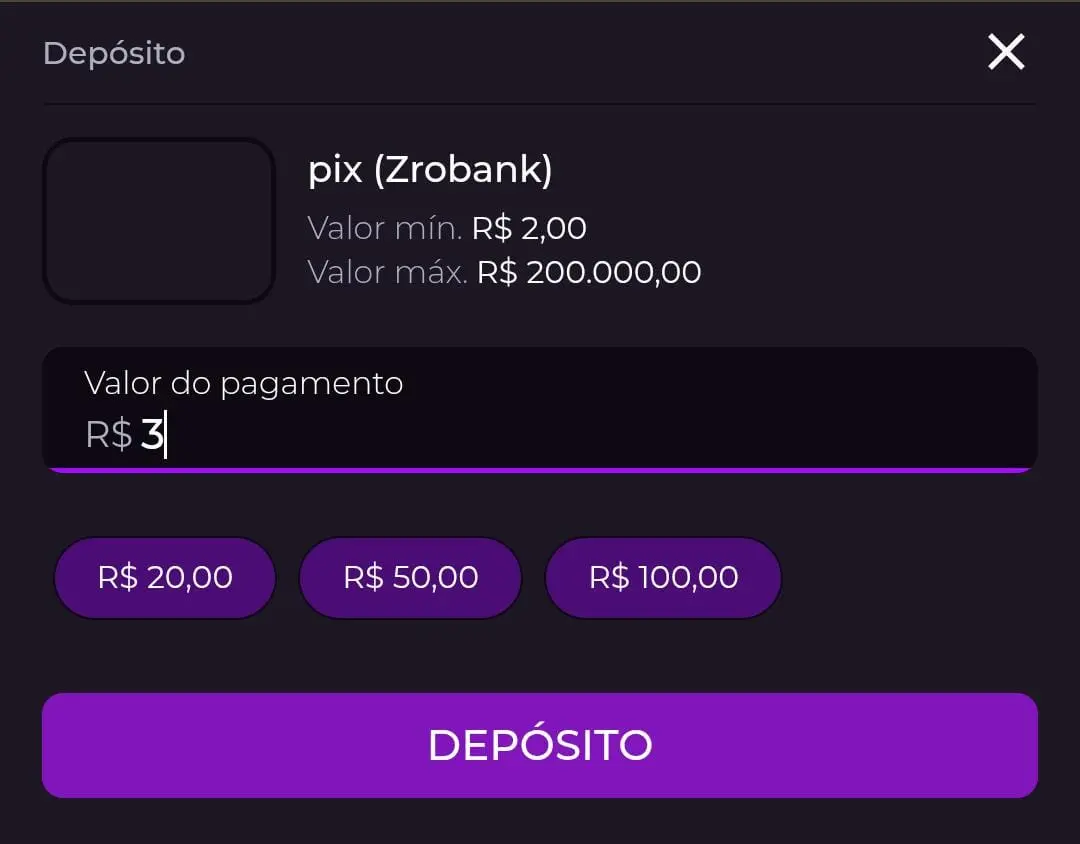 Captura de tela da página de recarga mínima de R$ 3 na Luva.bet.