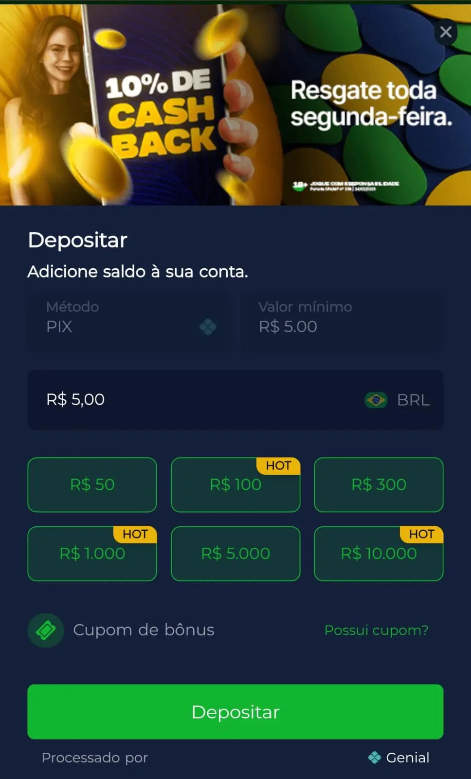 Captura de tela da página de recarga com depósito mínimo de R$ 5 na Br4bet.