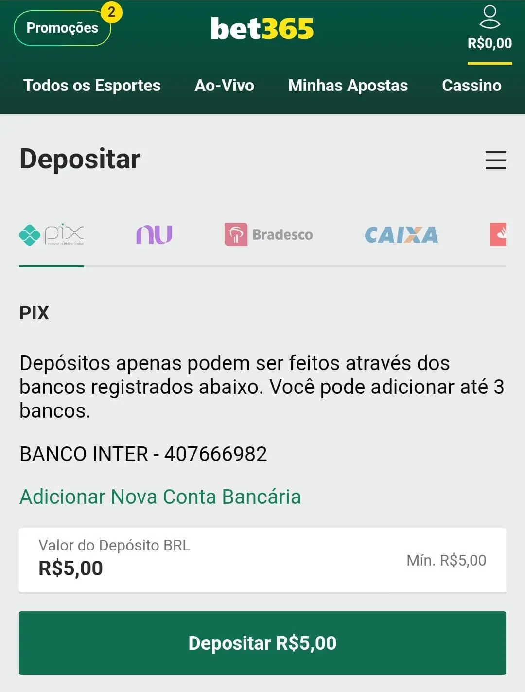 Captura de tela da página de pagamentos na Bet365 com depósito mínimo de R$ 5.
