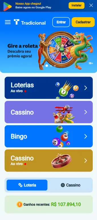 Interface inicial da plataforma Tradicional Bet mostrando diferentes categorias de apostas