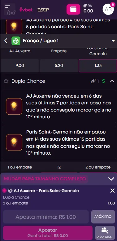 Captura de tela mostra que o mercado Chance Dupla na Vbet possui instruções e informações que facilitam a aposta