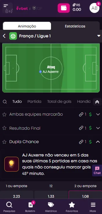 Captura de tela mostra que o mercado Dupla Chance funciona durante jogos ao vivo na Vbet
