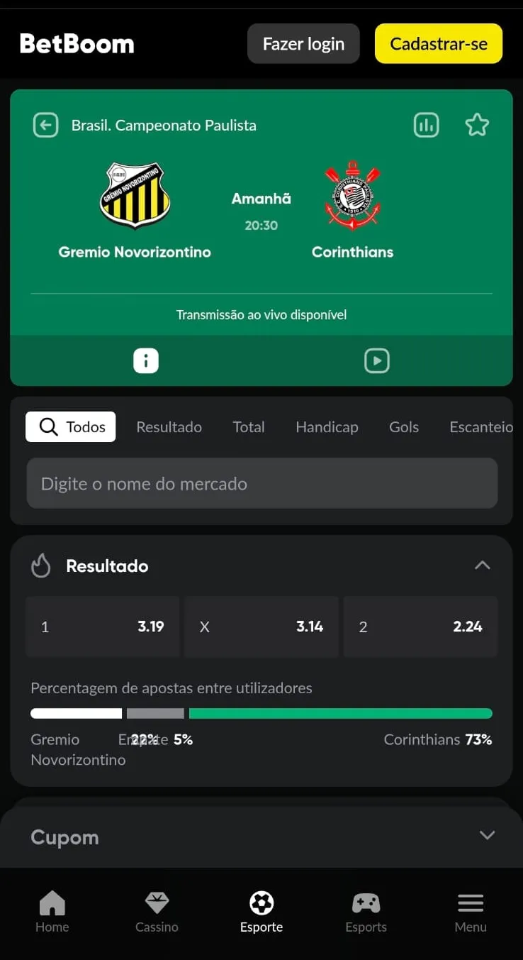 Captura de tela mostra a função Criar aposta na Betboom, que possui o maior número de mercados disponíveis para personalizar uma aposta esportiva