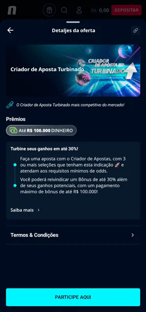 Página da oferta “Criador de Apostas Turbinada” da Novibet que concede até 30% de bônus sobre os retornos
