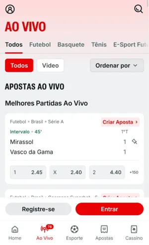 Criar aposta disponível em eventos ao vivo