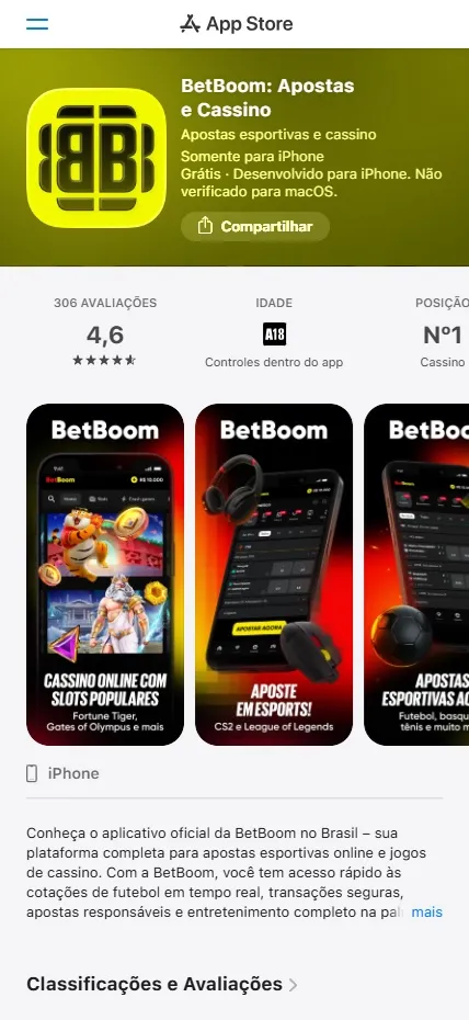 Betboom app para iOS com nota 4.6 na app store