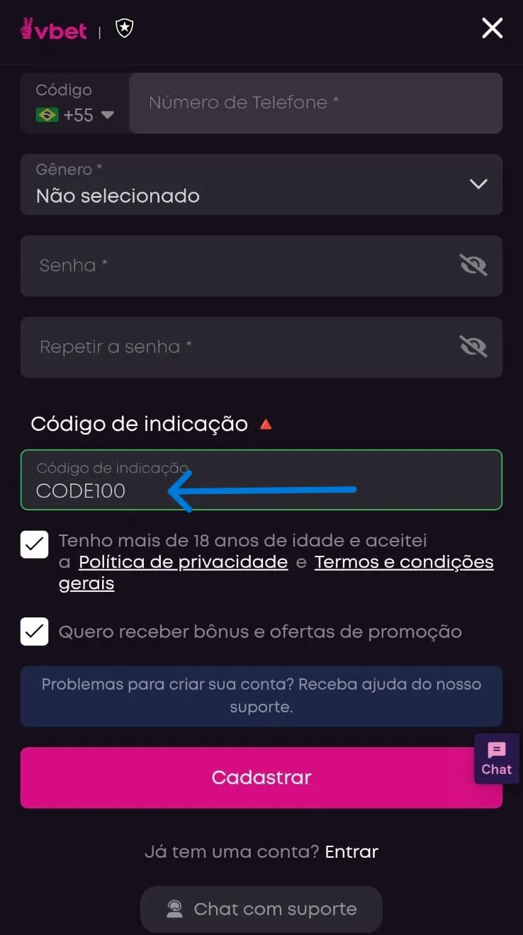Captura de tela mostra campo dedicado para inserir o código Vbet CODE100 válido hoje