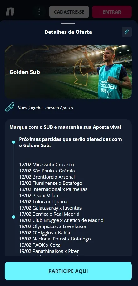Página da promoção Golden Sub da Novibet com lista de jogos elegíveis