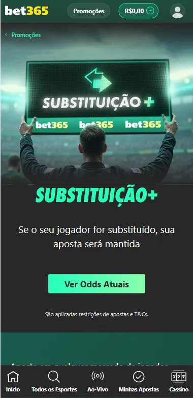 Tela promocional Substituição+ da bet365