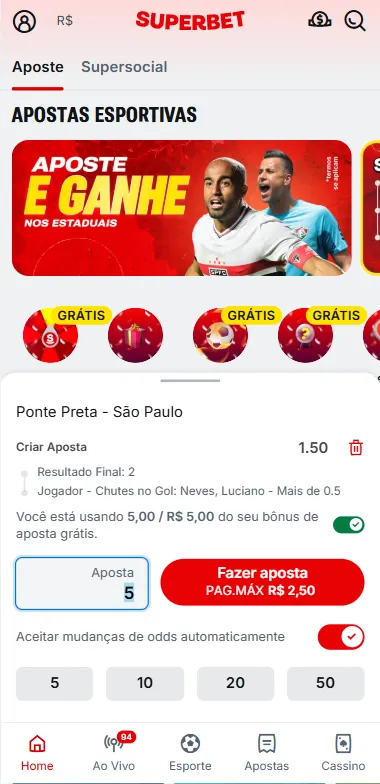 Cupom de aposta da Superbet com substituição segura