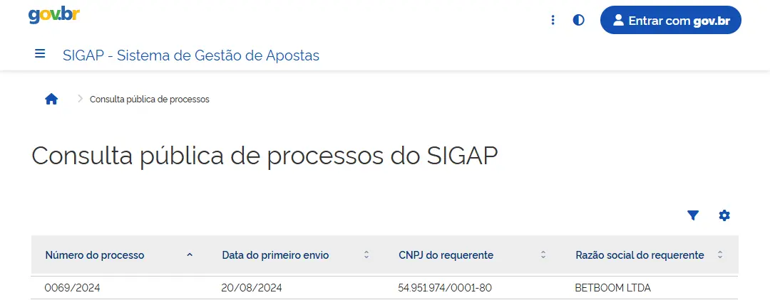  Captura de tela da consulta pública no SIGAP em busca da BetBoom.