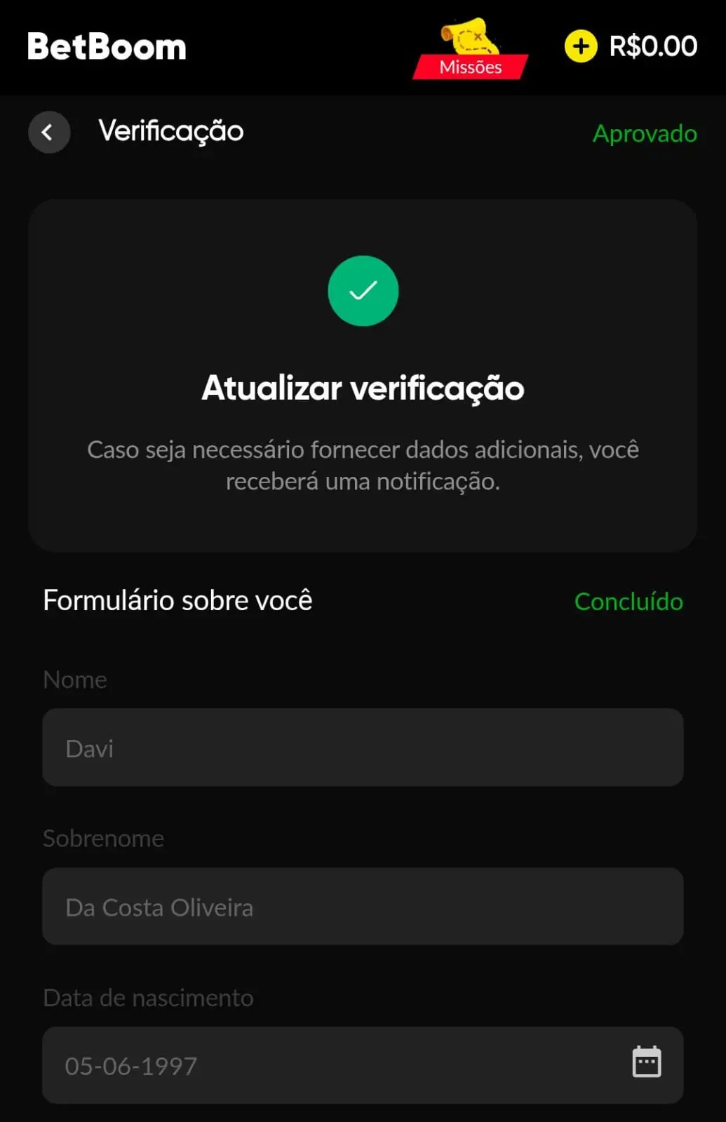 Captura de tela da verificação de conta finalizada na BetBoom.