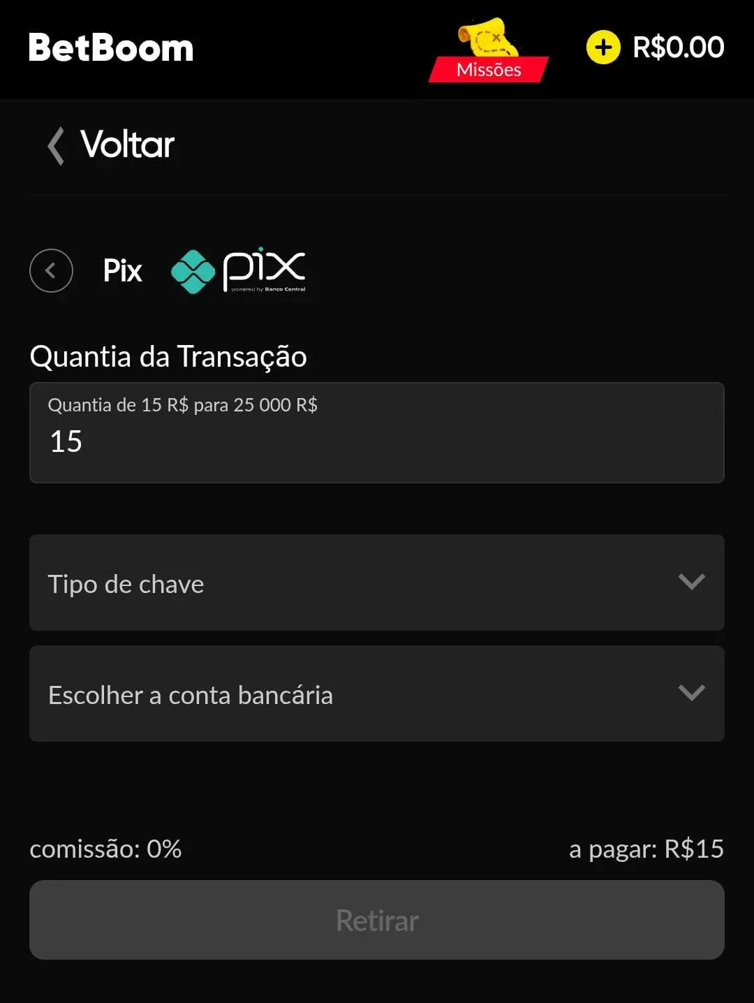 Captura de tela da página de saque via Pix na BetBoom