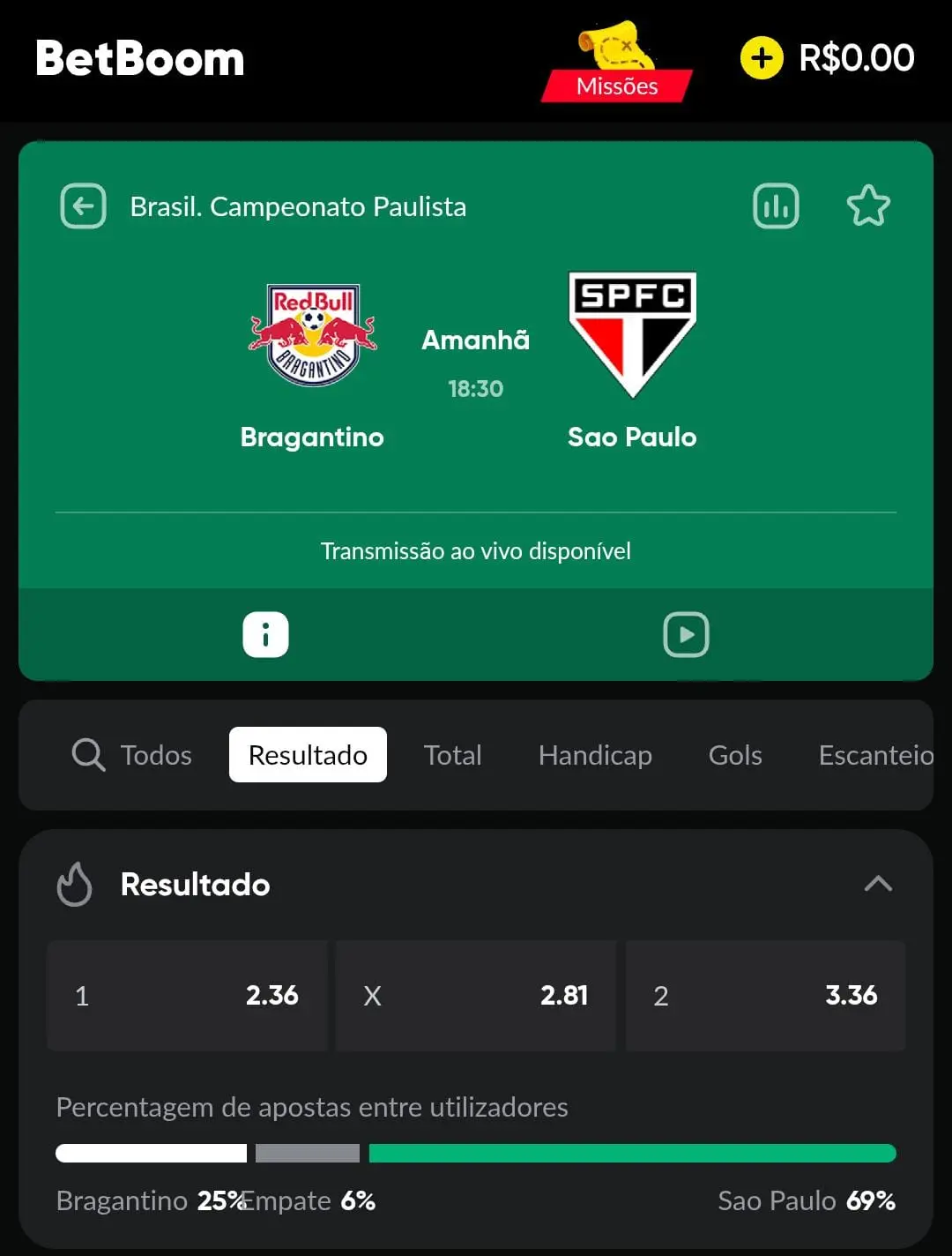 Captura de tela da partida entre Bragantino e São Paulo pelo Paulistão na BetBoom.
