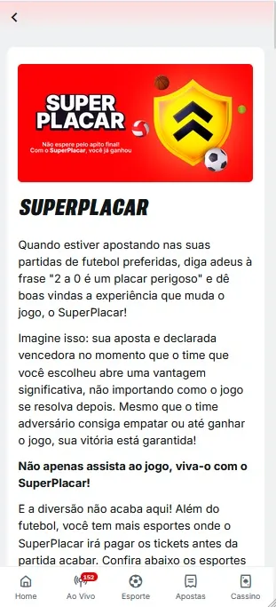 Promoção SuperPlacar Superbet declara aposta vencedora quando o time abre vantagem significativa no futebol e outros esportes