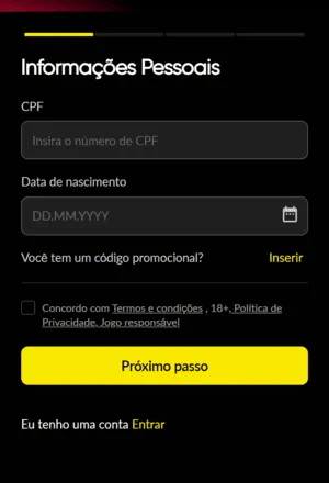 Tela inicial de registro na Betboom