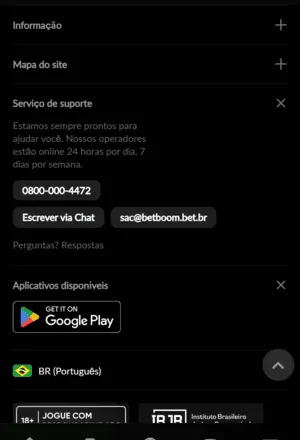Canais oficiais de suporte disponíveis na Betboom
