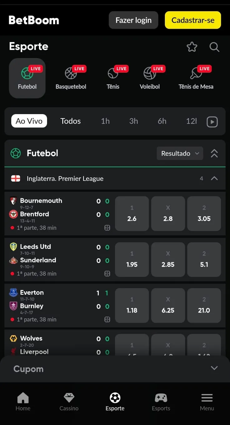Captura de tela mostra a interface das apostas esportivas da Betboom e jogos de futebol mais relevantes