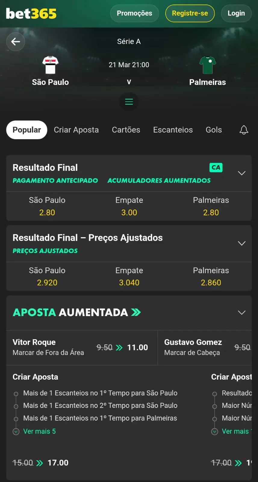 Captura de tela de uma aposta em Resultado Final na bet365.