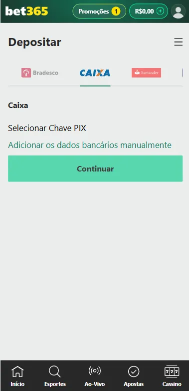 Depósito na bet365 via internet banking com seleção de banco como Caixa Econômica