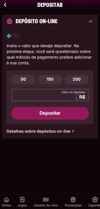 Tela de depósito online da Superbet com opção de pagamento via Pix e valores personalizados