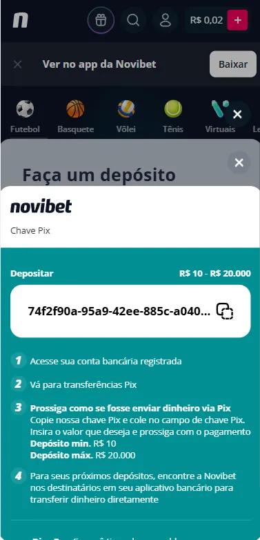 Depósito na Novibet com chave Pix exibida e instruções para transferência bancária