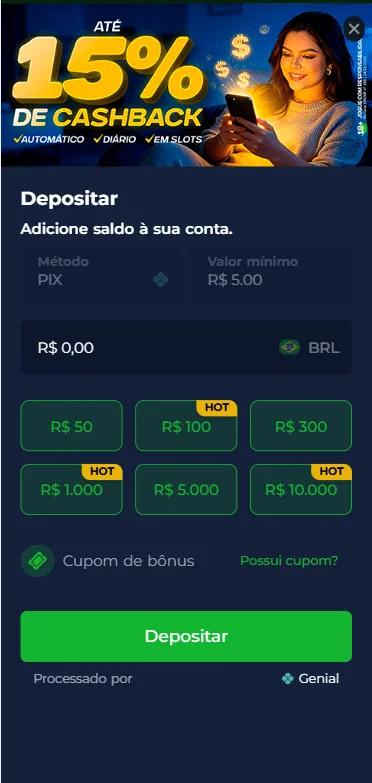 Tela de depósito da Br4Bet com bônus de cashback de até 15%