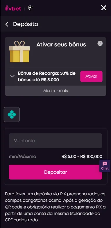 Tela de depósito da Vbet com bônus de recarga e pagamento mínimo de R$5
