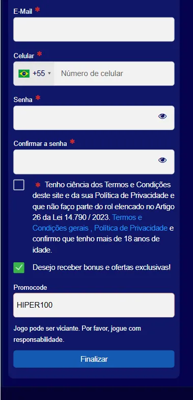 Tela de cadastro da HiperBet com campos de dados pessoais e código promocional HIPER100