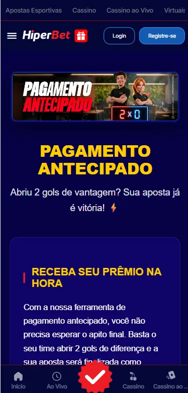 Funcionalidade de pagamento antecipado da HiperBet com vitória garantida ao abrir 2 gols de vantagem