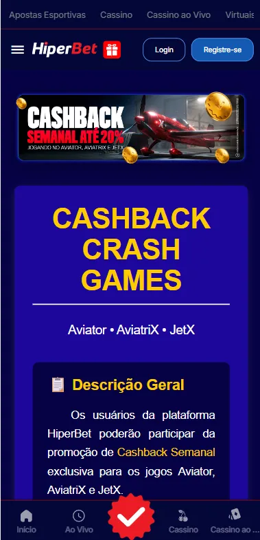 Promoção de cashback semanal da HiperBet em jogos crash como Aviator, Aviatrix e JetX