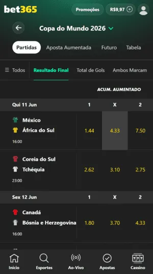 Tela da bet365 com apostas da Copa do Mundo 2026 e mercado de pagamento antecipado disponível nas partidas.